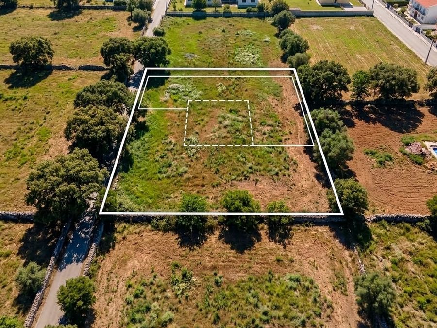 Vista aérea de um lote com o limite do terreno e a área de implantação possível assinalados