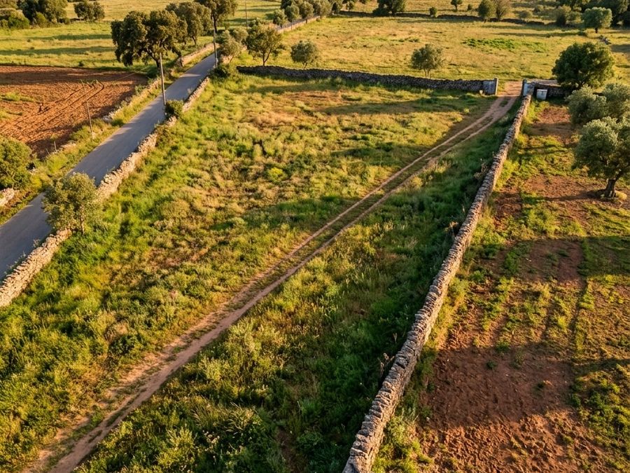 Vista aérea de um caminho rural a atravessar um terreno entre muros de pedra